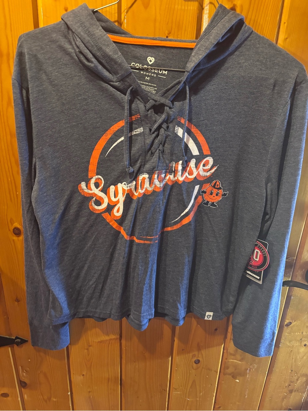 Syracuse Orange SU Colosseum LS Hooded Lace Up Neck Shirt Blue Women M NWT